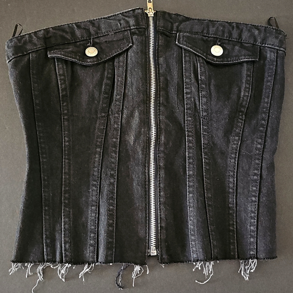 ZARA Black Denim Corset Bustier Top Zip Front Strapless Size S “Y2K”